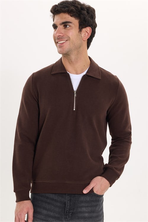 Erkek Regular Fit Klasik Kesim Fermuarlı Selanik Kumaş Kahverengi Polo Yaka Sweatshirt