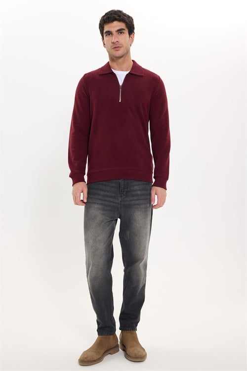 Erkek Regular Fit Klasik Kesim Fermuarlı Selanik Kumaş Bordo Polo Yaka Sweatshirt