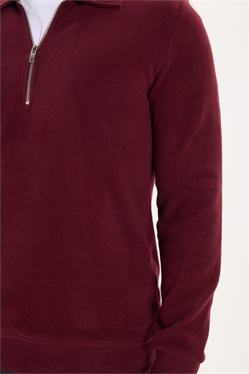 Erkek Regular Fit Klasik Kesim Fermuarlı Selanik Kumaş Bordo Polo Yaka Sweatshirt
