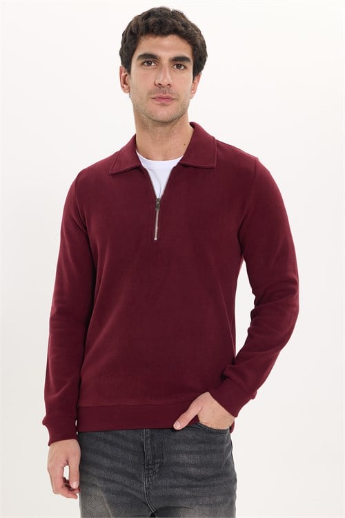 Erkek Regular Fit Klasik Kesim Fermuarlı Selanik Kumaş Bordo Polo Yaka Sweatshirt