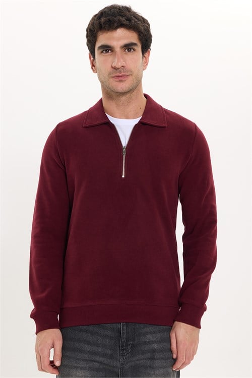 Erkek Regular Fit Klasik Kesim Fermuarlı Selanik Kumaş Bordo Polo Yaka Sweatshirt