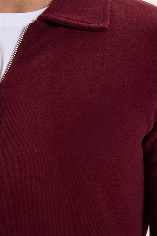 Erkek Regular Fit Klasik Kesim Fermuarlı Selanik Kumaş Bordo Polo Yaka Sweatshirt