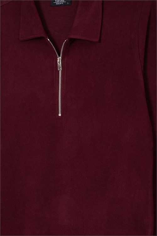 Erkek Regular Fit Klasik Kesim Fermuarlı Selanik Kumaş Bordo Polo Yaka Sweatshirt