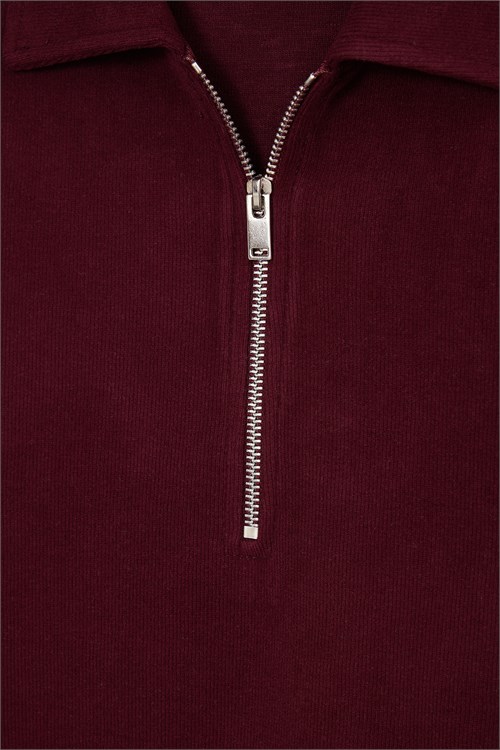 Erkek Regular Fit Klasik Kesim Fermuarlı Selanik Kumaş Bordo Polo Yaka Sweatshirt