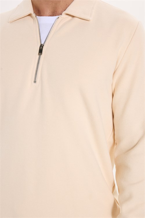 Erkek Regular Fit Klasik Kesim Fermuarlı Selanik Kumaş Sarı Polo Yaka Sweatshirt