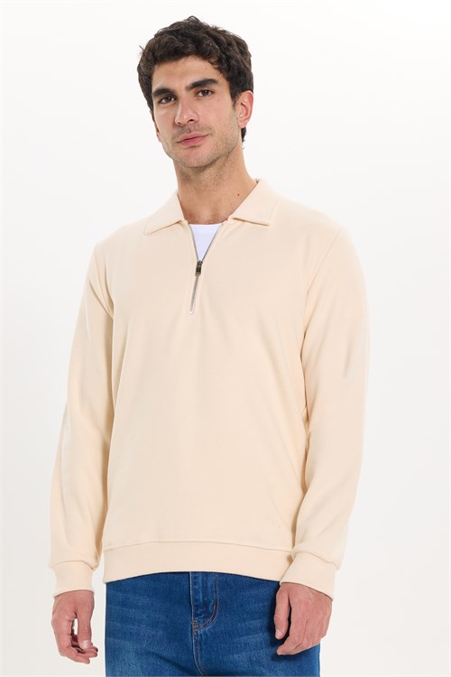 Erkek Regular Fit Klasik Kesim Fermuarlı Selanik Kumaş Sarı Polo Yaka Sweatshirt