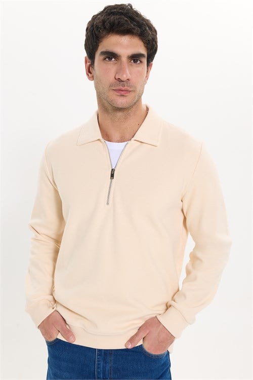Erkek Regular Fit Klasik Kesim Fermuarlı Selanik Kumaş Sarı Polo Yaka Sweatshirt