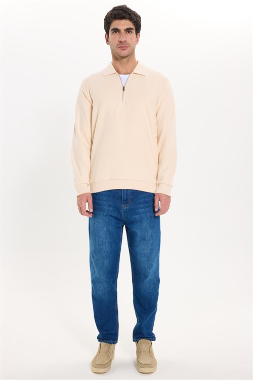 Erkek Regular Fit Klasik Kesim Fermuarlı Selanik Kumaş Sarı Polo Yaka Sweatshirt