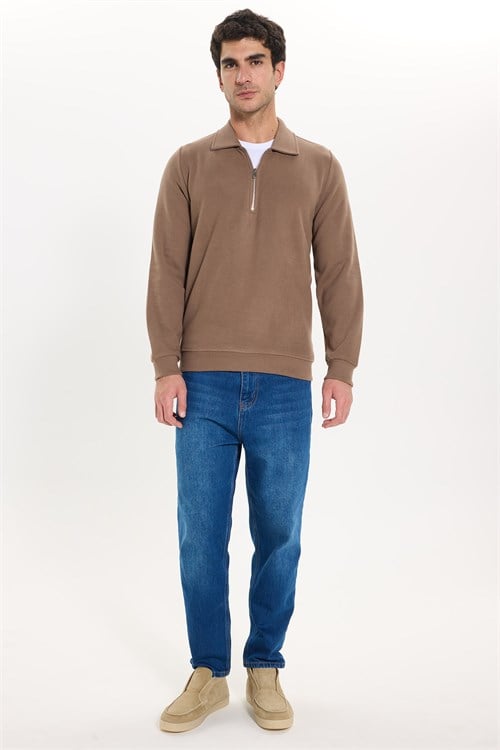 Erkek Regular Fit Klasik Kesim Fermuarlı Selanik Kumaş Kahverengi Polo Yaka Sweatshirt