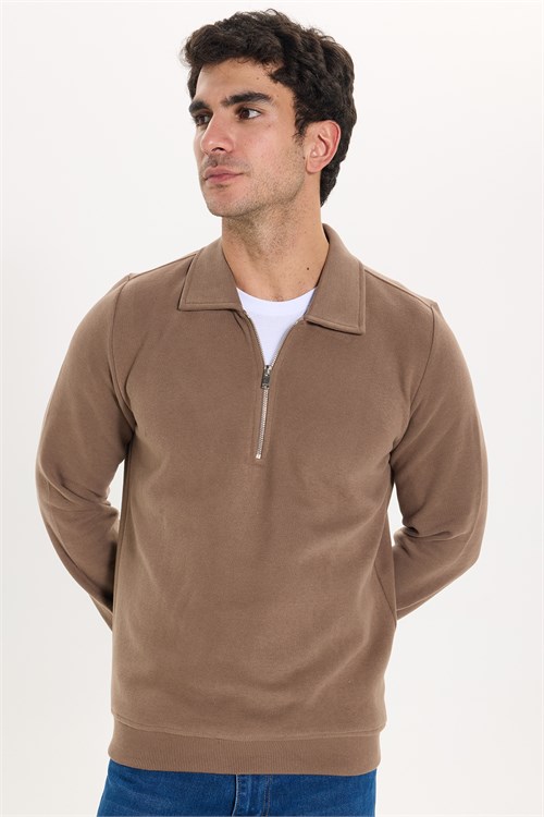 Erkek Regular Fit Klasik Kesim Fermuarlı Selanik Kumaş Kahverengi Polo Yaka Sweatshirt