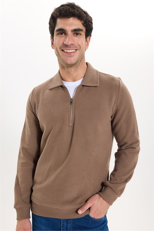 Erkek Regular Fit Klasik Kesim Fermuarlı Selanik Kumaş Kahverengi Polo Yaka Sweatshirt