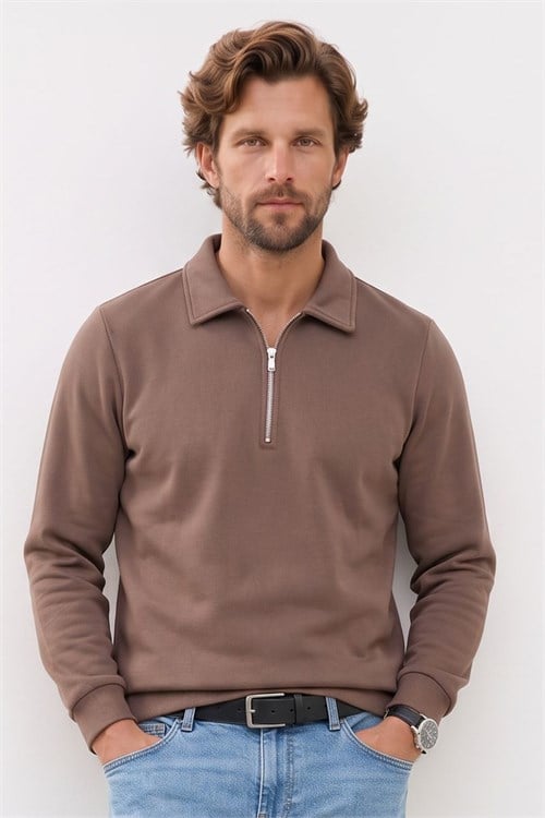 Erkek Regular Fit Klasik Kesim Fermuarlı Selanik Kumaş Kahverengi Polo Yaka Sweatshirt
