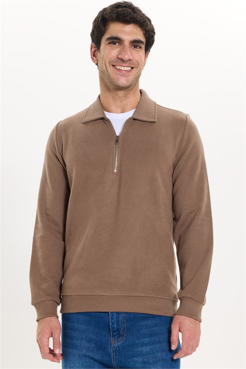 Erkek Regular Fit Klasik Kesim Fermuarlı Selanik Kumaş Kahverengi Polo Yaka Sweatshirt