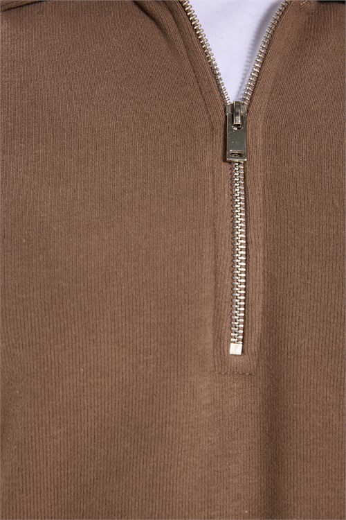 Erkek Regular Fit Klasik Kesim Fermuarlı Selanik Kumaş Kahverengi Polo Yaka Sweatshirt