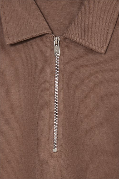 Erkek Regular Fit Klasik Kesim Fermuarlı Selanik Kumaş Kahverengi Polo Yaka Sweatshirt