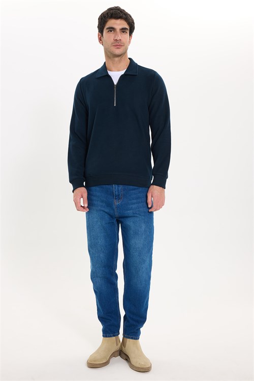 Erkek Regular Fit Klasik Kesim Fermuarlı Selanik Kumaş Lacivert Polo Yaka Sweatshirt