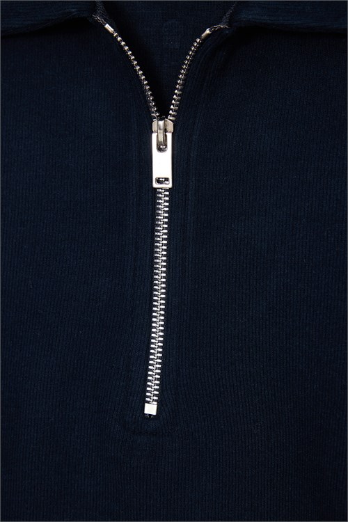 Erkek Regular Fit Klasik Kesim Fermuarlı Selanik Kumaş Lacivert Polo Yaka Sweatshirt