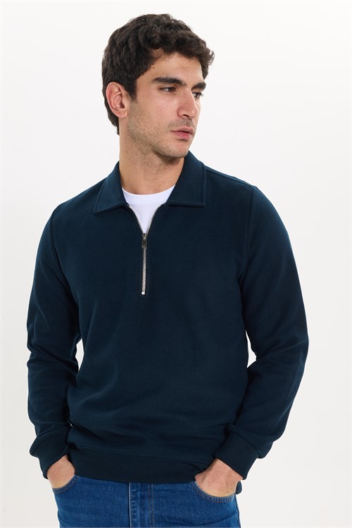 Erkek Regular Fit Klasik Kesim Fermuarlı Selanik Kumaş Lacivert Polo Yaka Sweatshirt