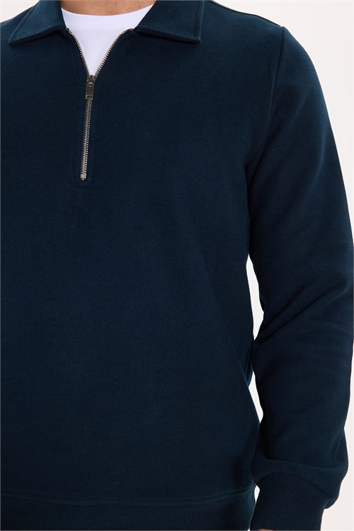 Erkek Regular Fit Klasik Kesim Fermuarlı Selanik Kumaş Lacivert Polo Yaka Sweatshirt