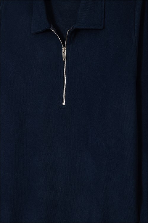Erkek Regular Fit Klasik Kesim Fermuarlı Selanik Kumaş Lacivert Polo Yaka Sweatshirt