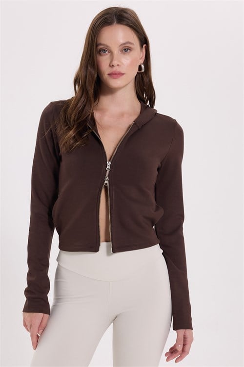 Kadın Slim Fit Dar Kesim Modal Kumaş Likralı Kapüşonlu Fermuarlı Kahverengi Sweatshirt