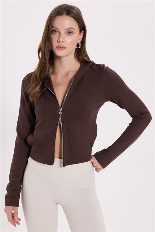Kadın Slim Fit Dar Kesim Modal Kumaş Likralı Kapüşonlu Fermuarlı Kahverengi Sweatshirt