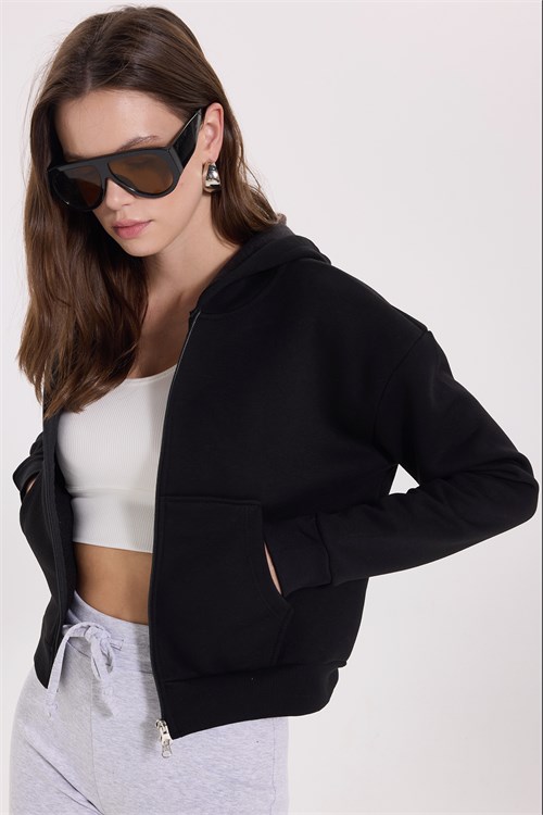 Kadın Slim Fit Dar Kesim %100 Pamuk Kapüşonlu Fermuarlı Siyah Sweatshirt