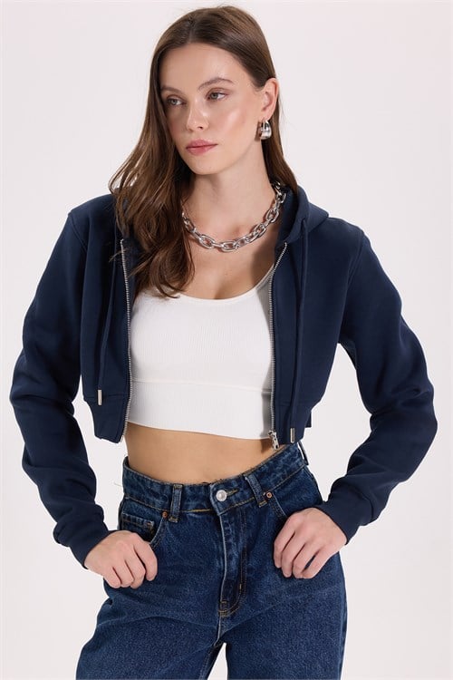 Kadın Slim Fit Dar Kesim %100 Pamuk Kapüşonlu Fermuarlı Lacivert Sweatshirt