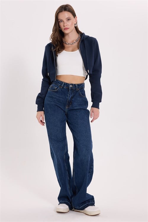 Kadın Slim Fit Dar Kesim %100 Pamuk Kapüşonlu Fermuarlı Lacivert Sweatshirt