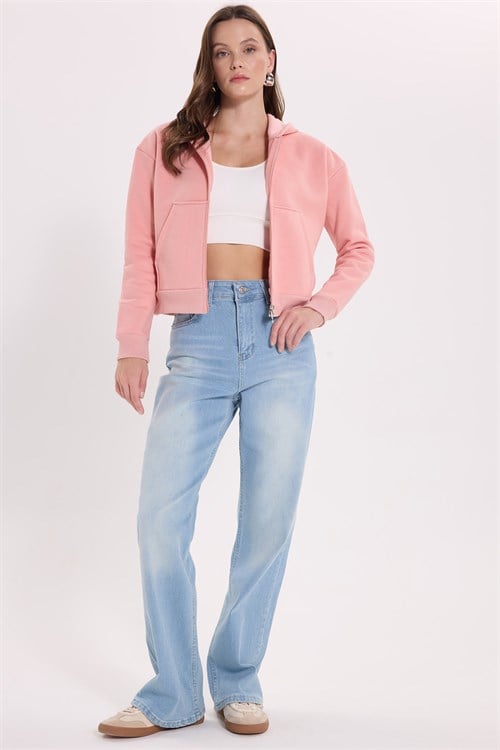 Kadın Slim Fit Dar Kesim %100 Pamuk Kapüşonlu Fermuarlı Pudra Sweatshirt