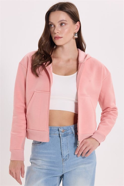 Kadın Slim Fit Dar Kesim %100 Pamuk Kapüşonlu Fermuarlı Pudra Sweatshirt