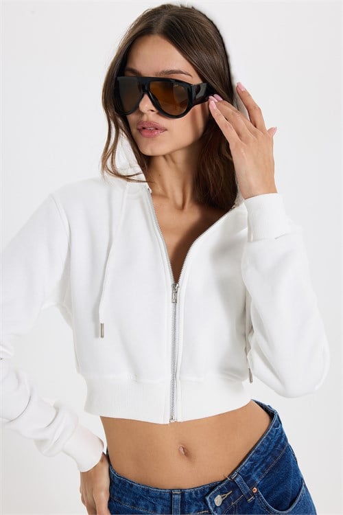 Kadın Regular Fit Klasik Kesim Pamuklu Kapüşonlu Fermuarlı Beyaz Crop Sweatshirt