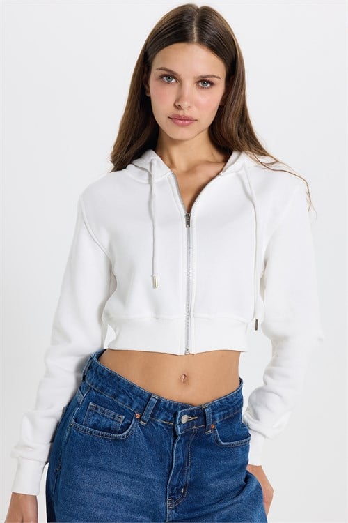 Kadın Regular Fit Klasik Kesim Pamuklu Kapüşonlu Fermuarlı Beyaz Crop Sweatshirt
