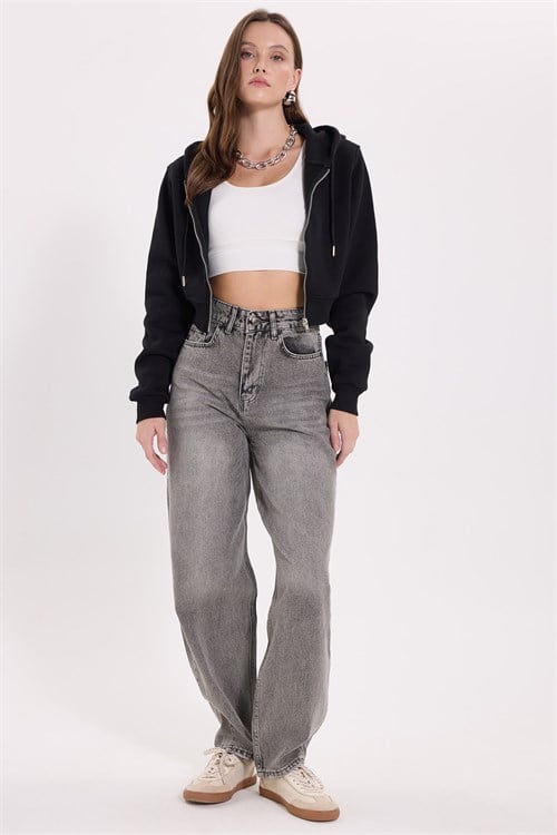 Kadın Regular Fit Klasik Kesim Pamuklu Kapüşonlu Fermuarlı Siyah Crop Sweatshirt