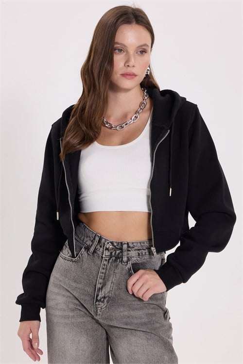 Kadın Regular Fit Klasik Kesim Pamuklu Kapüşonlu Fermuarlı Siyah Crop Sweatshirt