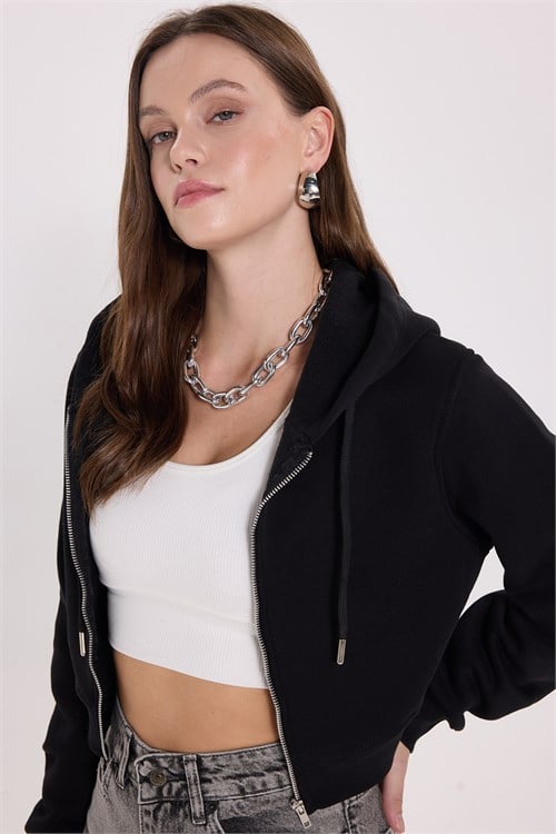Kadın Regular Fit Klasik Kesim Pamuklu Kapüşonlu Fermuarlı Siyah Crop Sweatshirt
