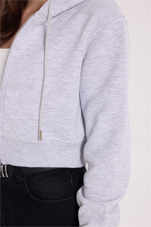 Kadın Regular Fit Klasik Kesim Pamuklu Kapüşonlu Fermuarlı Gri Crop Sweatshirt