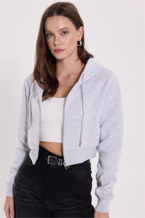 Kadın Regular Fit Klasik Kesim Pamuklu Kapüşonlu Fermuarlı Gri Crop Sweatshirt