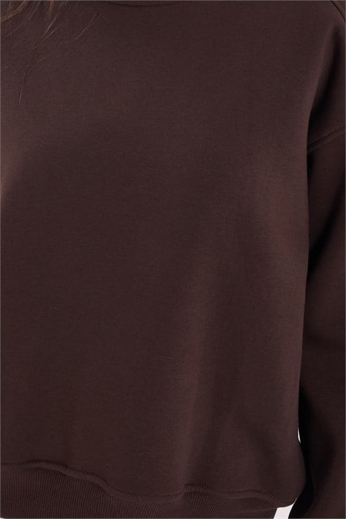 Kadın Relax Fit Rahat Kesim Pamuklu Bisiklet Yaka Şardonlu Kahverengi Sweatshirt