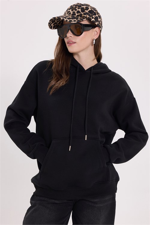 Kadın Regular Fit Klasik Kesim Pamuklu Kapüşonlu Kanguru Cepli Bağcıklı Siyah Sweatshirt