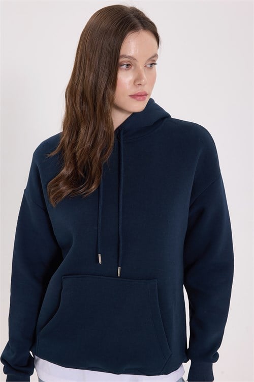 Kadın Regular Fit Klasik Kesim Pamuklu Kapüşonlu Kanguru Cepli Bağcıklı Lacivert Sweatshirt