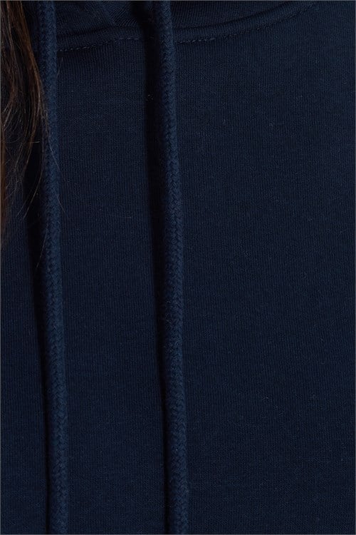 Kadın Regular Fit Klasik Kesim Pamuklu Kapüşonlu Kanguru Cepli Bağcıklı Lacivert Sweatshirt