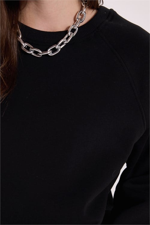 Kadın Regular Fit Klasik Kesim Reglan Kol Pamuklu Bisiklet Yaka Şardonlu Siyah Sweatshirt