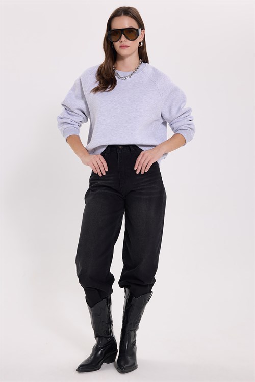 Kadın Regular Fit Klasik Kesim Reglan Kol Pamuklu Bisiklet Yaka Şardonlu Gri Sweatshirt