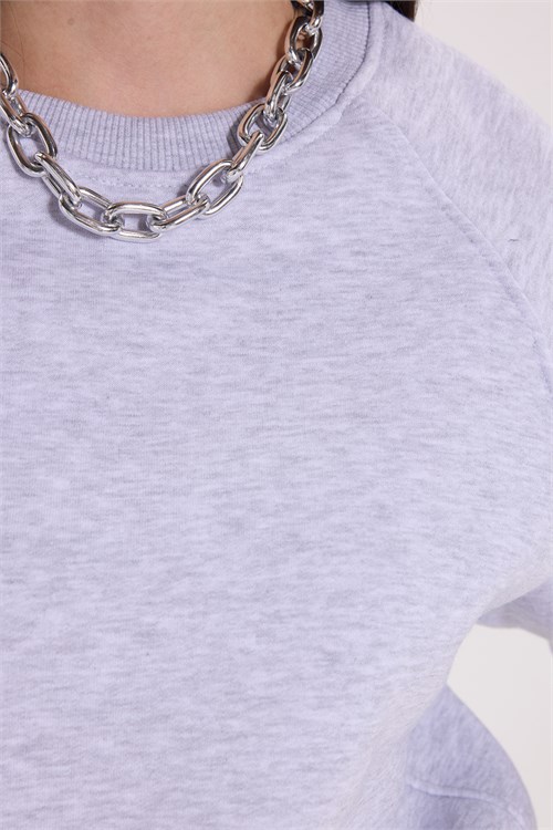 Kadın Regular Fit Klasik Kesim Reglan Kol Pamuklu Bisiklet Yaka Şardonlu Gri Sweatshirt