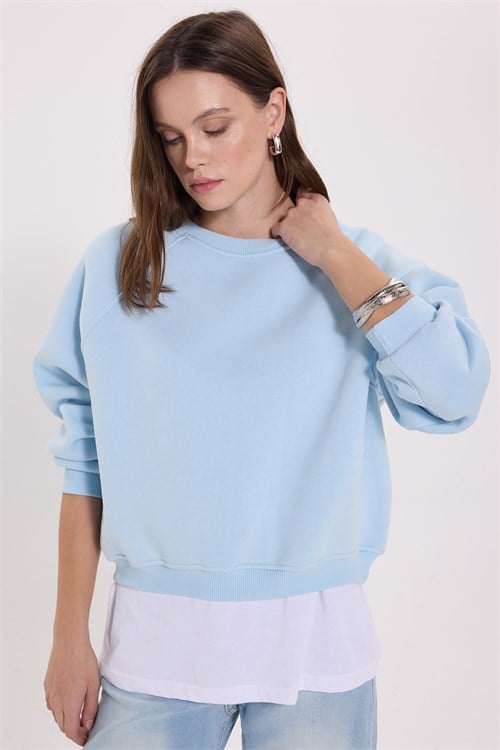 Kadın Regular Fit Klasik Kesim Reglan Kol Pamuklu Bisiklet Yaka Şardonlu Mavi Sweatshirt