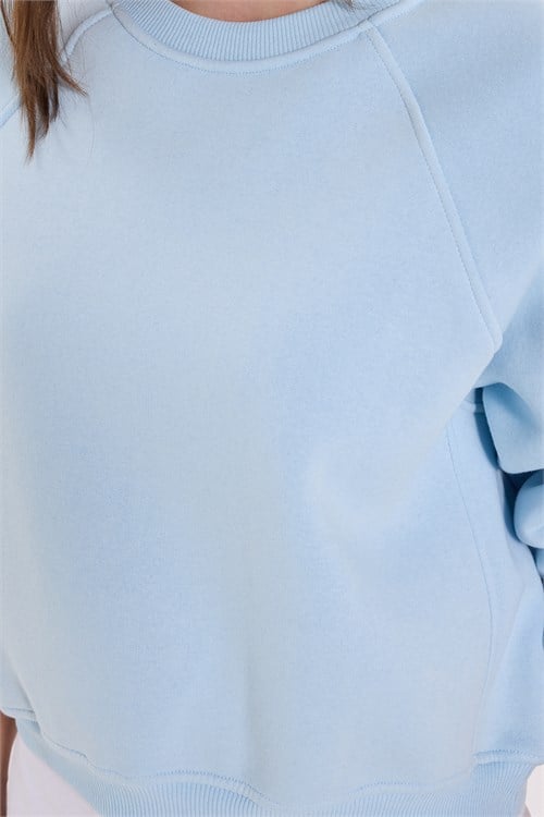 Kadın Regular Fit Klasik Kesim Reglan Kol Pamuklu Bisiklet Yaka Şardonlu Mavi Sweatshirt
