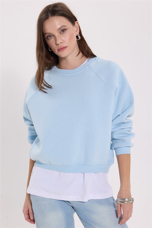 Kadın Regular Fit Klasik Kesim Reglan Kol Pamuklu Bisiklet Yaka Şardonlu Mavi Sweatshirt