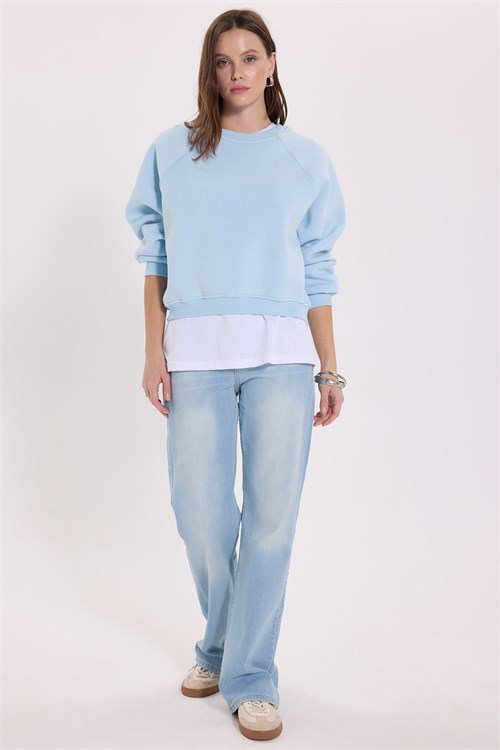 Kadın Regular Fit Klasik Kesim Reglan Kol Pamuklu Bisiklet Yaka Şardonlu Mavi Sweatshirt
