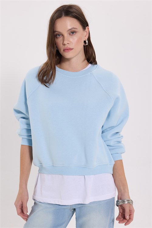 Kadın Regular Fit Klasik Kesim Reglan Kol Pamuklu Bisiklet Yaka Şardonlu Mavi Sweatshirt